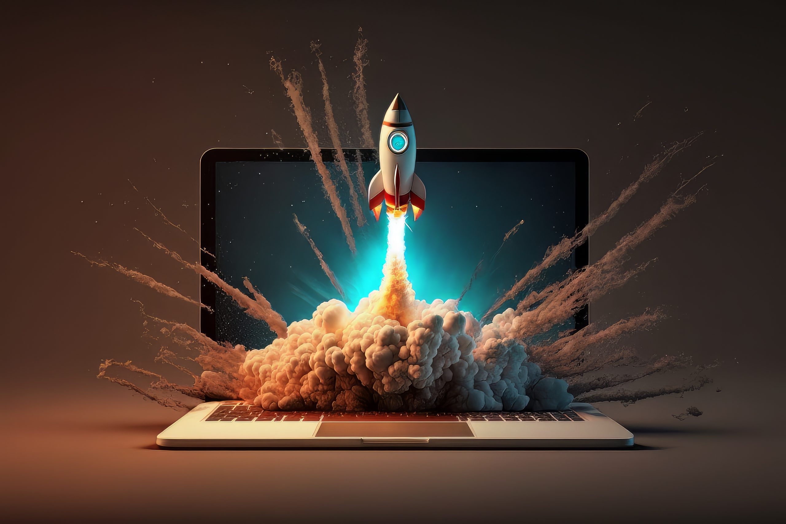 Affordable Website Design. Launching Space Rocket From Laptop Screen